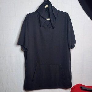 URRU Black Hooded Short Sleeve Kangaroo Pocket Cotton Span Muscle Shirt Size 2XL